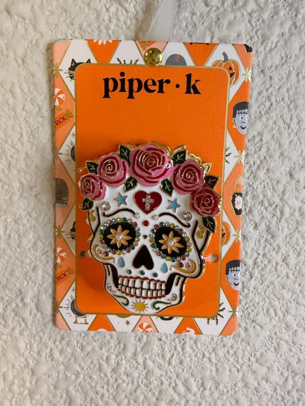 Piper K Sugar Skull Hair Clip Day of the Dead Rose Rhinestone Halloween NWT